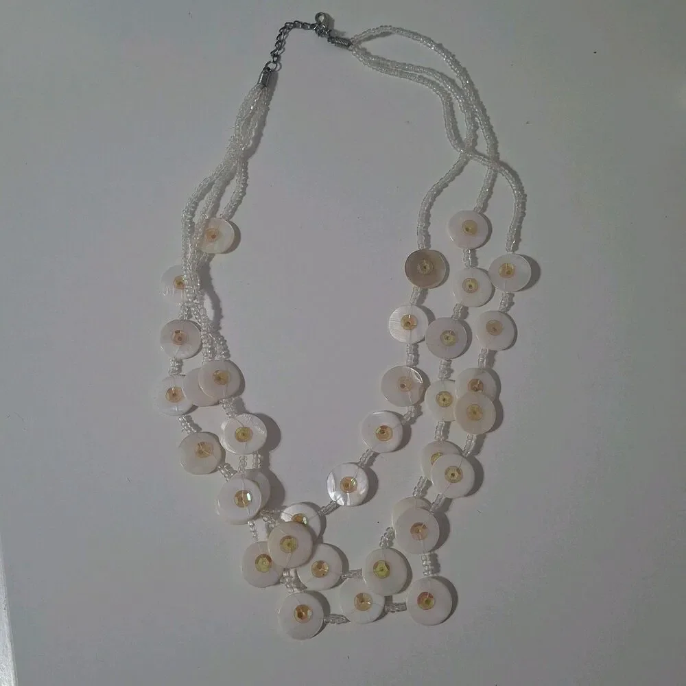 White Round Shell Sead Bead Iridescent Sequin Multi-Layered Layered Necklace